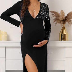 Glamix Sexy Black Beaded Deep V-neck Thigh-high Slit Maternity Dress